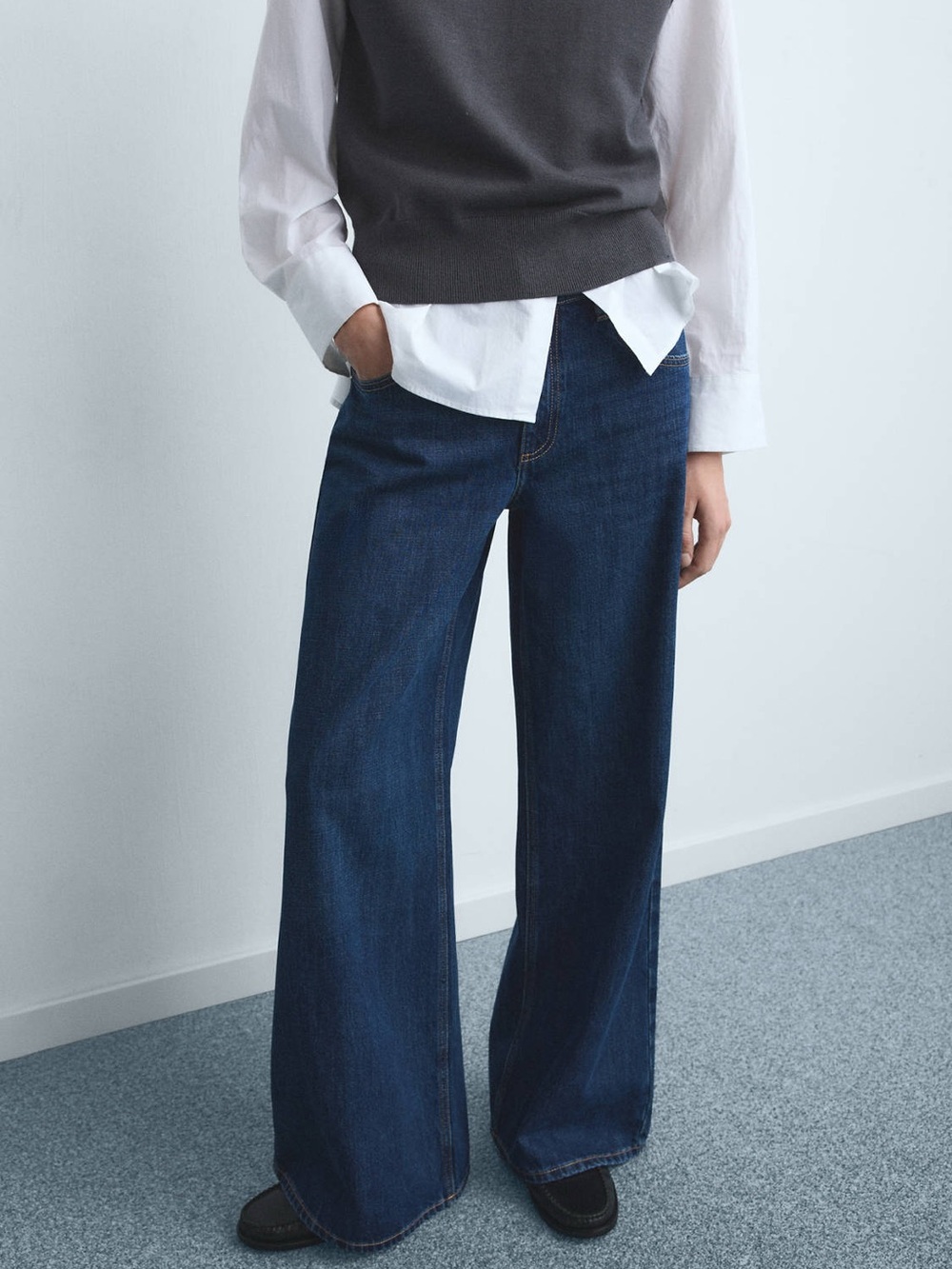 Mango Deep Indigo Wide-Leg Jeans Size 4 100% Cotton